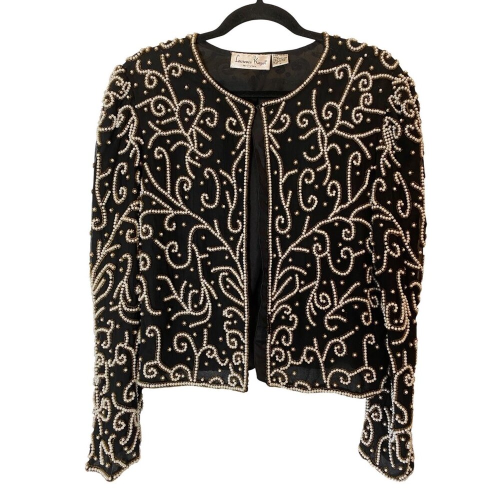 Laurence Kazar New York Black Silk Beaded Jacket Medium Hook Closures Medium